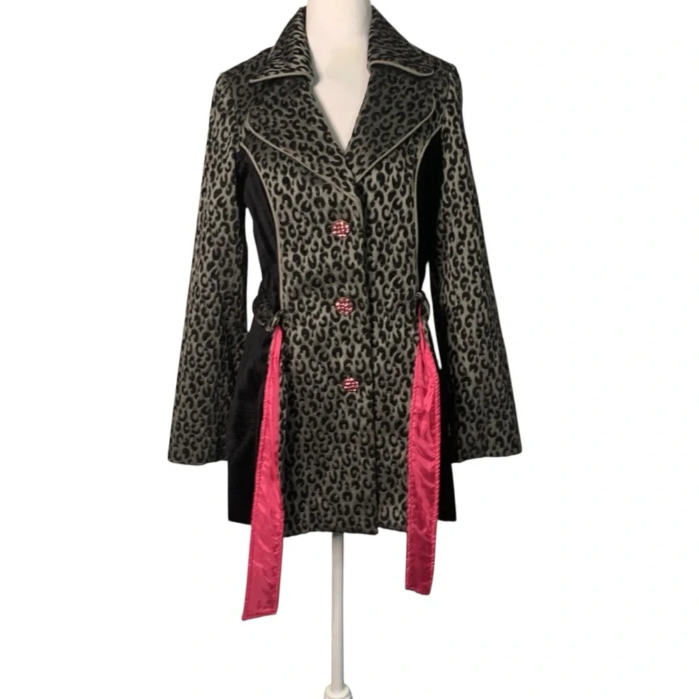 3 Sisters Small Black Gray Pink Leopard Print Belted Rhinestone Button Coat Glam - Picture 2 of 9